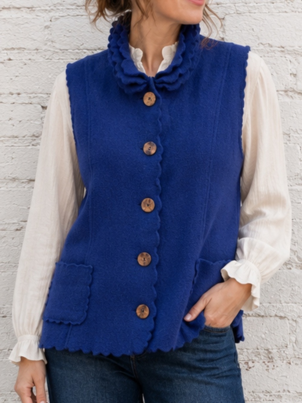 VENARIO 100% Wool Cobalt Blue Boho Scalloped Button Front Vest Whimsical XL